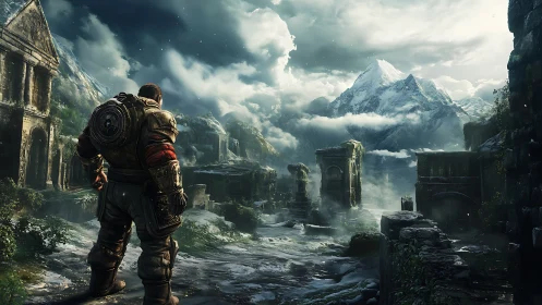 Armored explorer surveys misty ruins below snow peaks.