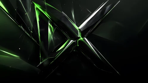 Futuristic metallic X abstract art with neon green highlights.
