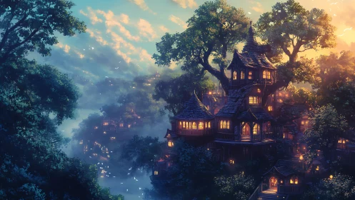 Lanternlit treetop village glows above a mist-drifted forest.
