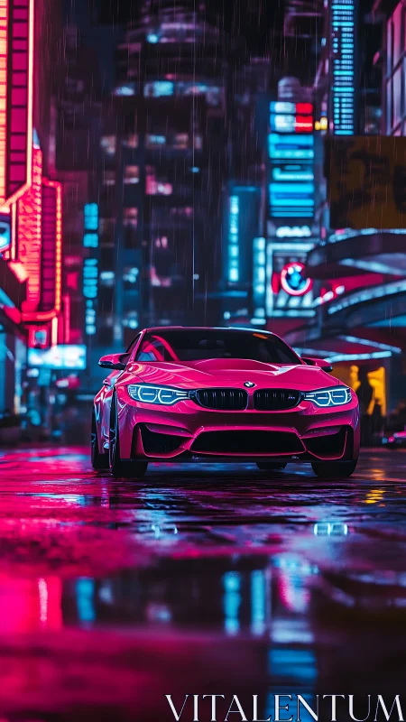 Neon drenched sports car prowls through electric rain night