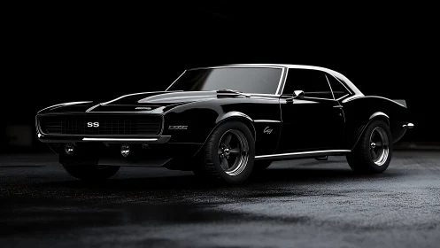 Midnight black muscle car prowls under cinematic studio light.