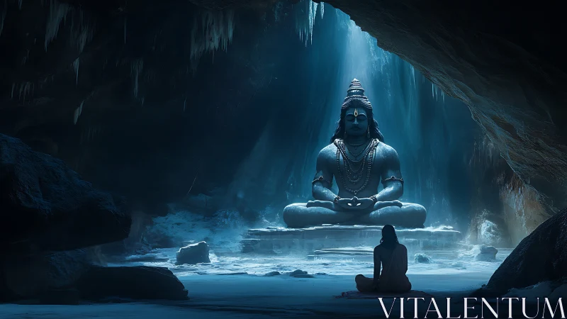 Icy cavern meditation before monumental Shiva sculpture.