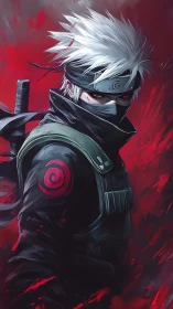 Mysterious masked ninja stands amid swirling crimson storm.