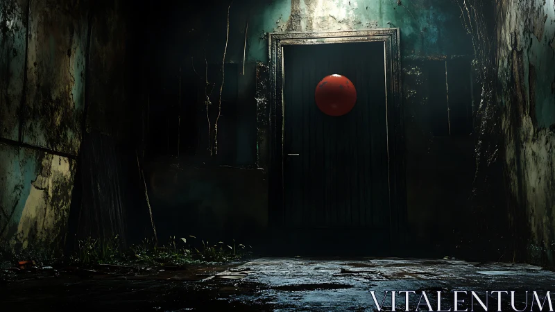 Red balloon on dark door in decayed narrow corridor.