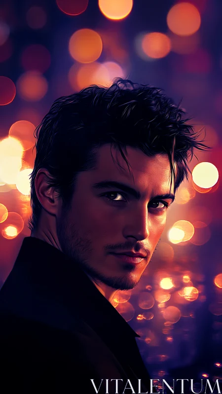 Moody male portrait against glowing city bokeh lights.