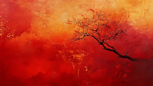 Abstract red and orange tree painting with bold textured background.
