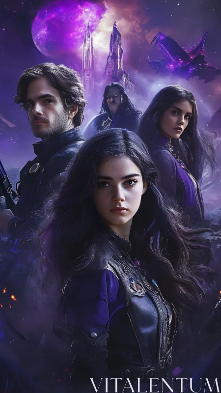 Galactic resistance squad in violet nebula-lit starfield