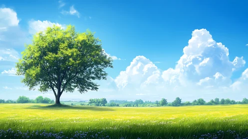 Lone green tree under vast summer sky in sunny meadow.