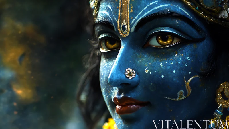 Starlit blue deity gaze shimmering with cosmic quiet grace.