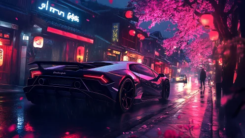 Sleek sports car glides through neon cherry blossom night street