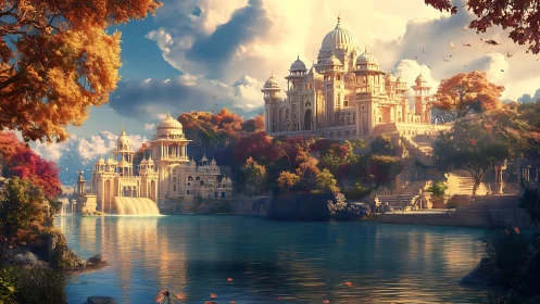 Autumnal riverside citadel with neoclassical domes and cascades.