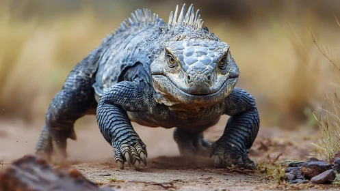 Desert dragon strolls forward, armored scales catching light