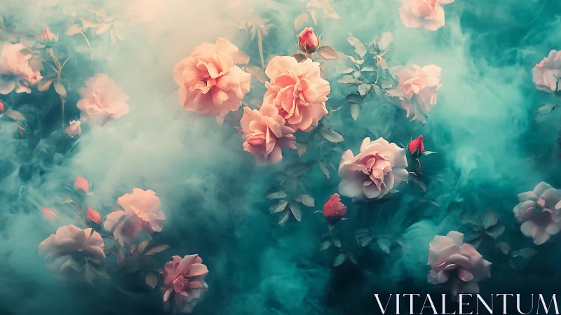 Soft pink roses drift in dreamy teal mist and gentle light