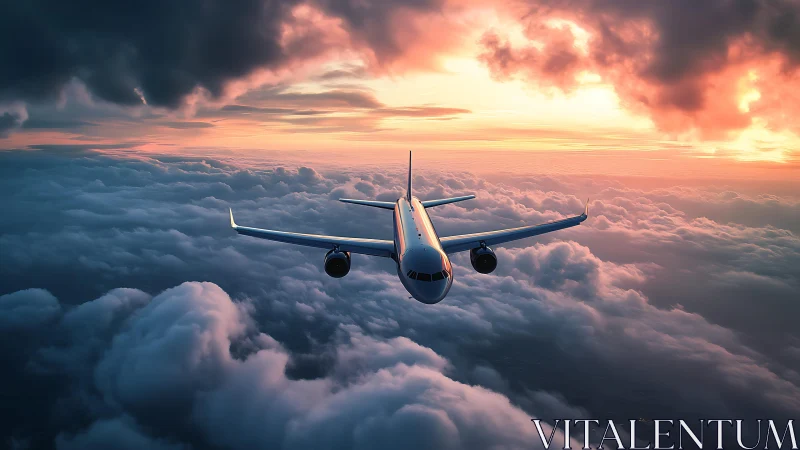 Airliner glides through glowing sunset clouds in flight.