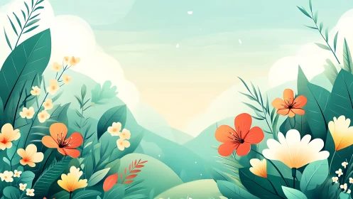 Layered Botanical Valley: Gradient Color Transitional Landscape.