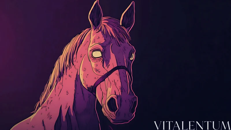 Neon-eyed night horse humming in violet studio shadows.