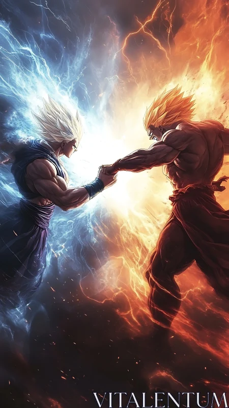 Bicolor energy duel between muscular warriors in midair clash