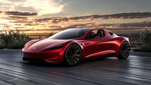 Red electric supercar glows at sunset on sleek rooftop deck