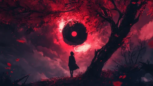 Girl beneath crimson eclipse portal in haunted forest