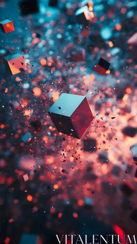 Geometric cubes and particles are suspended in colored space