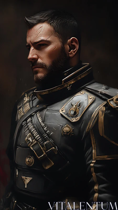 Armored officer portrait renders scarred warrior in profile