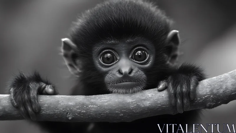 Monochrome close-up of juvenile monkey gripping branch with shallow focus