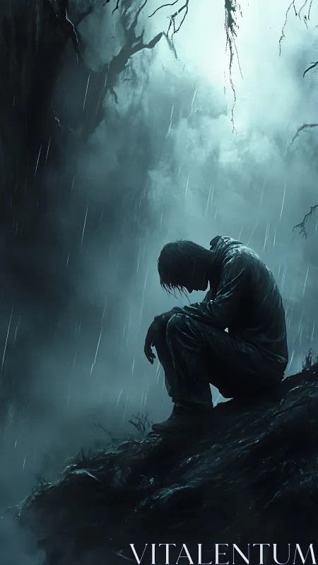 Rain-soaked loner perched on the cliff of unsaid storms.