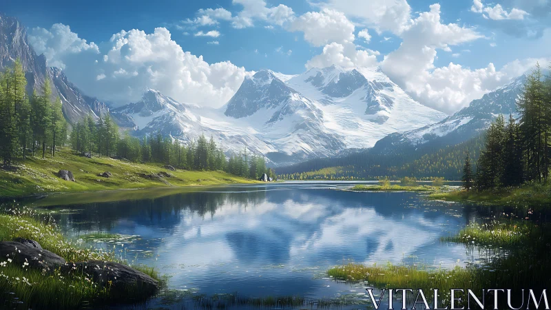 Snowcapped alpine peaks reflect over clear mountain lake