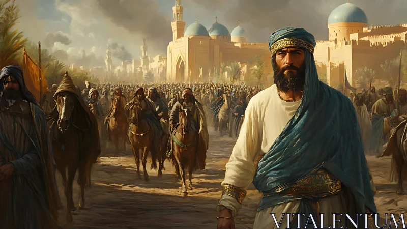 Bearded leader heads mounted procession near domed city walls