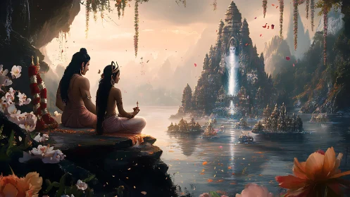 Figures observing monumental temple city across water.