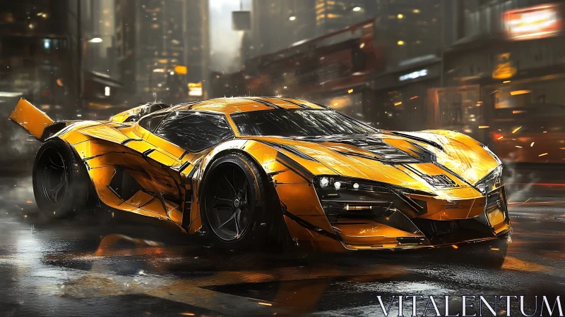 Futuristic gold hypercar streaks through neon city streets.