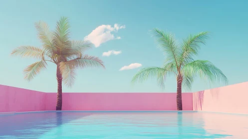 Palm trees float above a candy-pink dream pool horizon.