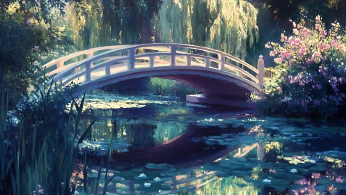Sunlit garden bridge arches over reflective lily pond