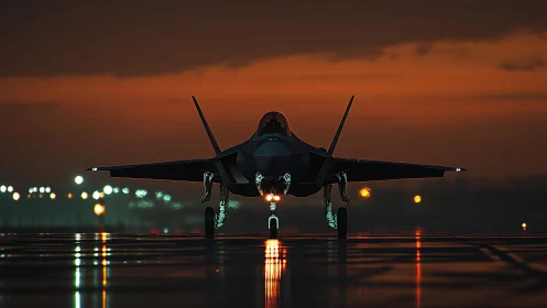 Stealth fighter jet aligned on wet runway under dusk sky