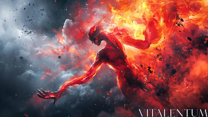 Flaming humanoid elemental erupting through storm-torn clouds