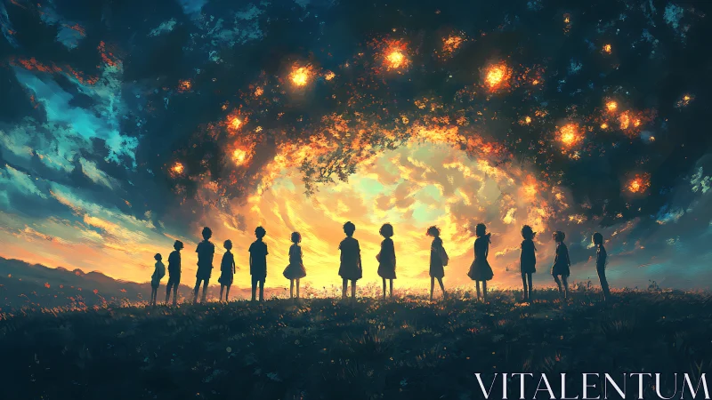 Children watch glowing sky portal ignite twilight horizon