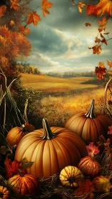 Golden pumpkins rest beneath a stormy autumn country sky