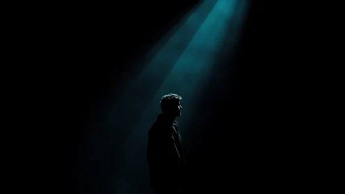 Solitary figure pauses in a quiet beam of cool blue light