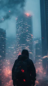 Lone hooded figure faces burning skyscrapers in smoky city.