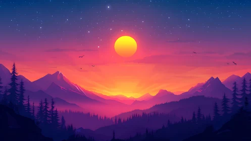 Sunset glows over stylized mountains and dense forest valley