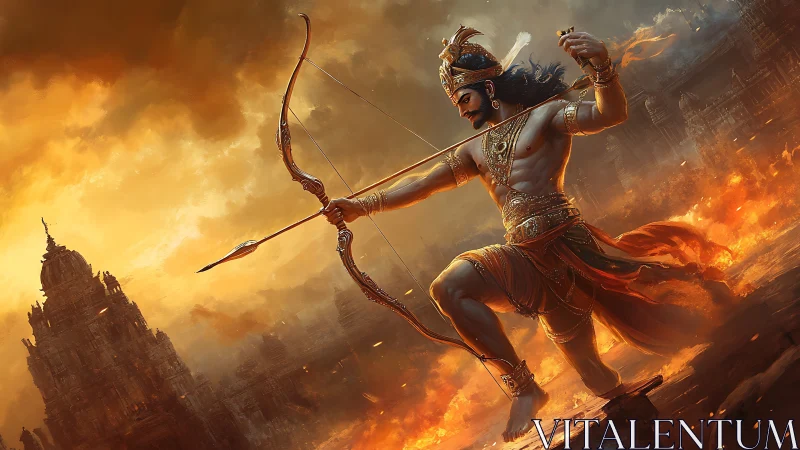 Heroic archer poised in fiery mythic battlefield glow.