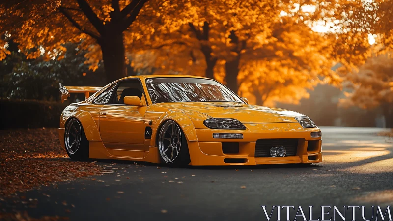 Golden drift fox idling low beneath a blazing autumn canopy.