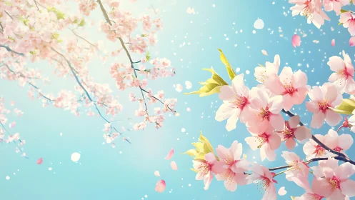 Cherry Blossoms Against Turquoise Sky with Falling Petals.