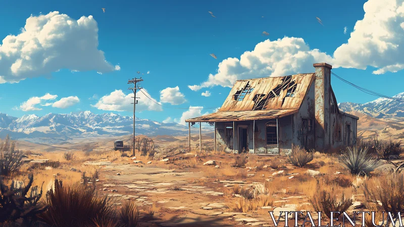 Digital painting of derelict desert house with mountain backdrop.