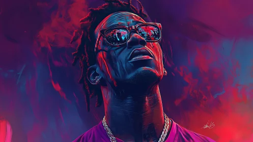 Stylized portrait of man in sunglasses with neon lighting.