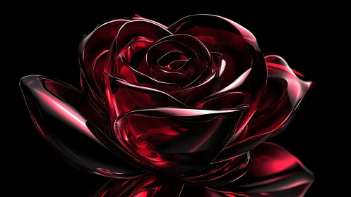Three-dimensional rose rendered with translucent ruby petals against black background.