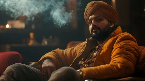 Turbanned king of embers reclines in smoke-softened glow.