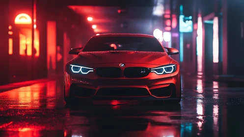 Red sports coupe under neon city rain at night street.