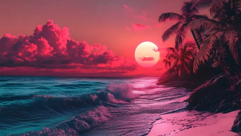 Neon tide sunset caressing a dream-drenched palm shore.