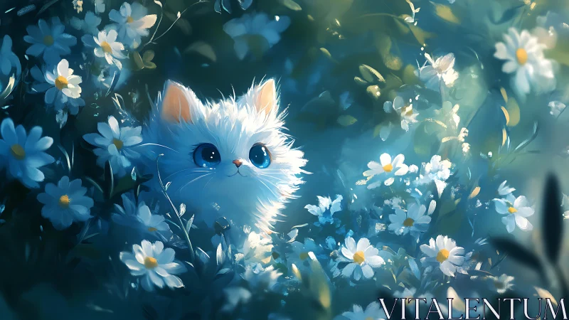 White Feline Subject Rendered Within Chamomile Floral Environment Using Soft-Focus Bokeh Depth